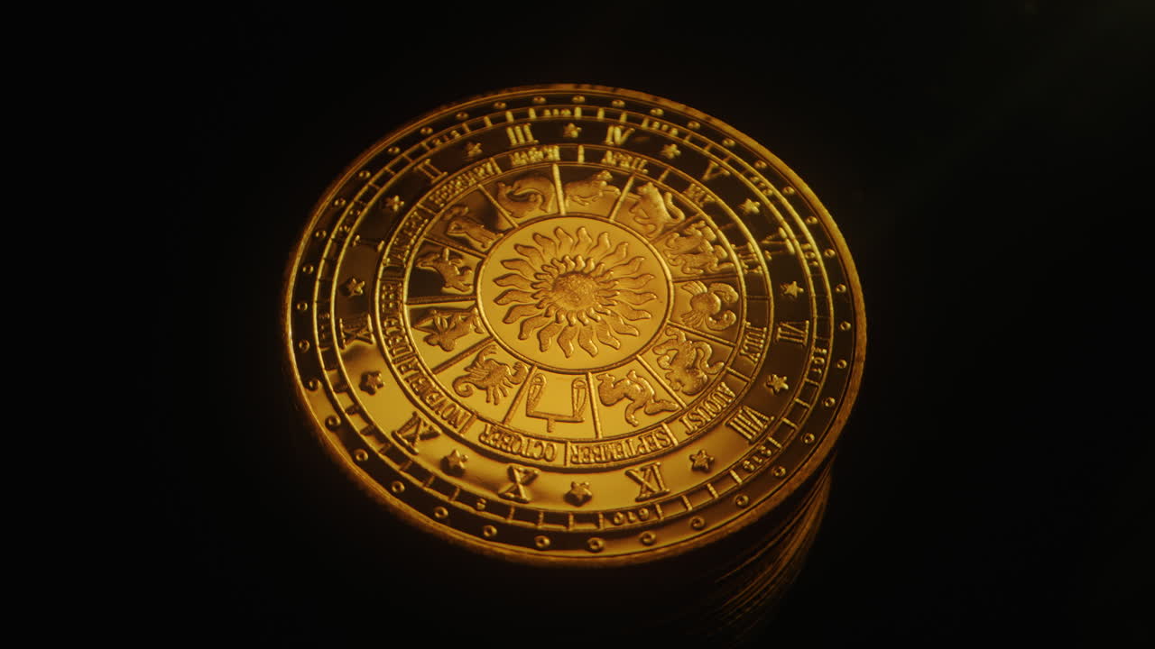 Premium Stock Video Astrological Houses Wheel Gold Plate Rotate In