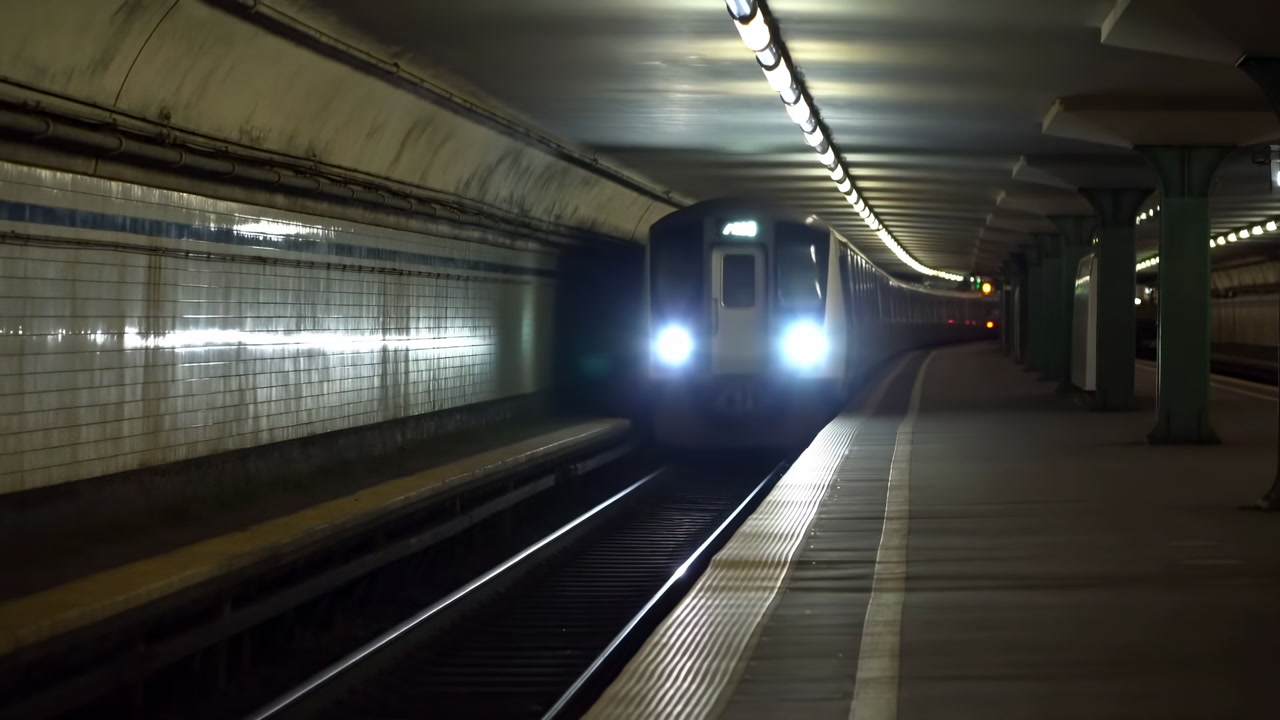 Dark Subway Platform Approaching Train Headlights, Late Night Underground Station With Tiled Walls