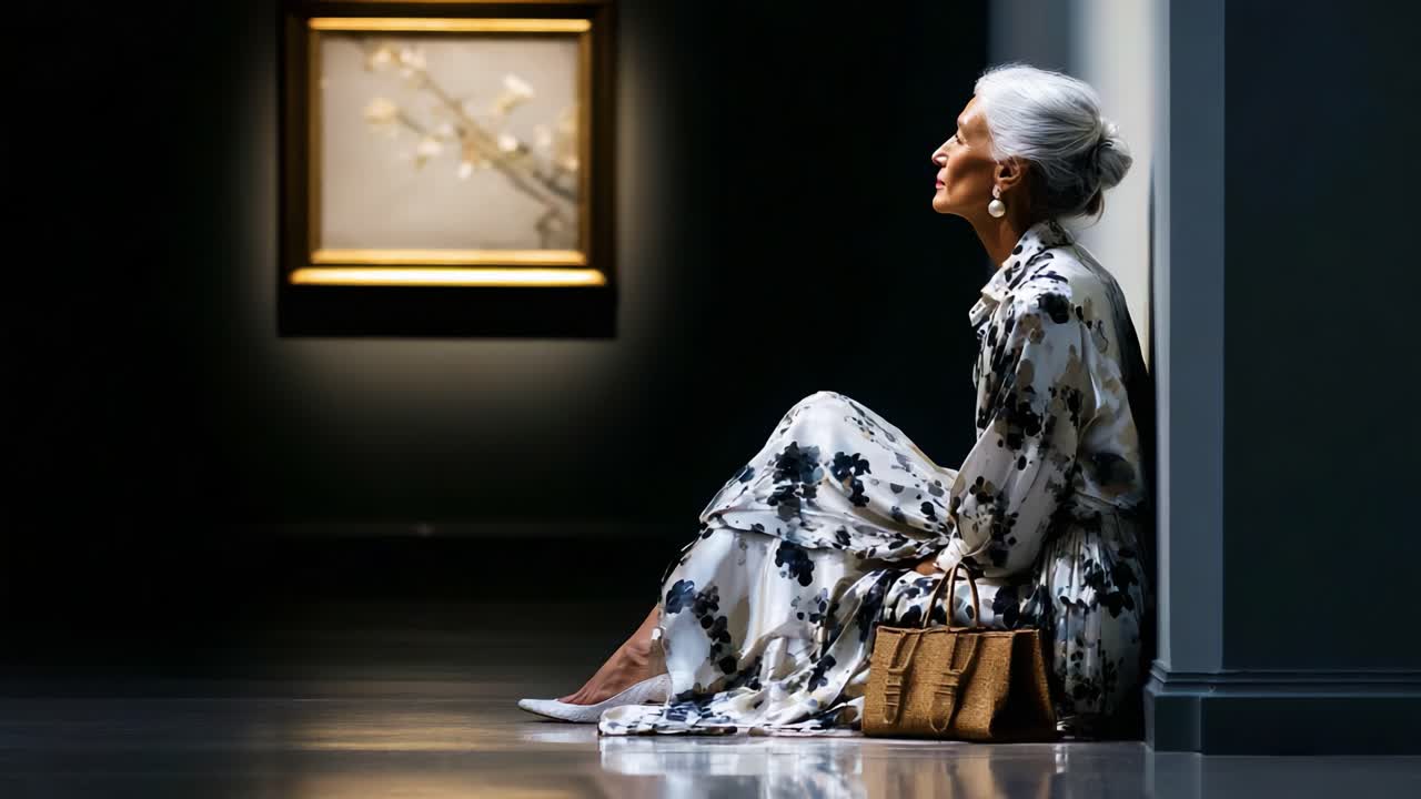 A Graceful Woman Contemplating Art in a Gallery, Wearing an Elegant Dress with Floral Patterns, Ideal for Showcasing Modern Elegance and Timeless Beauty in an Artistic Space