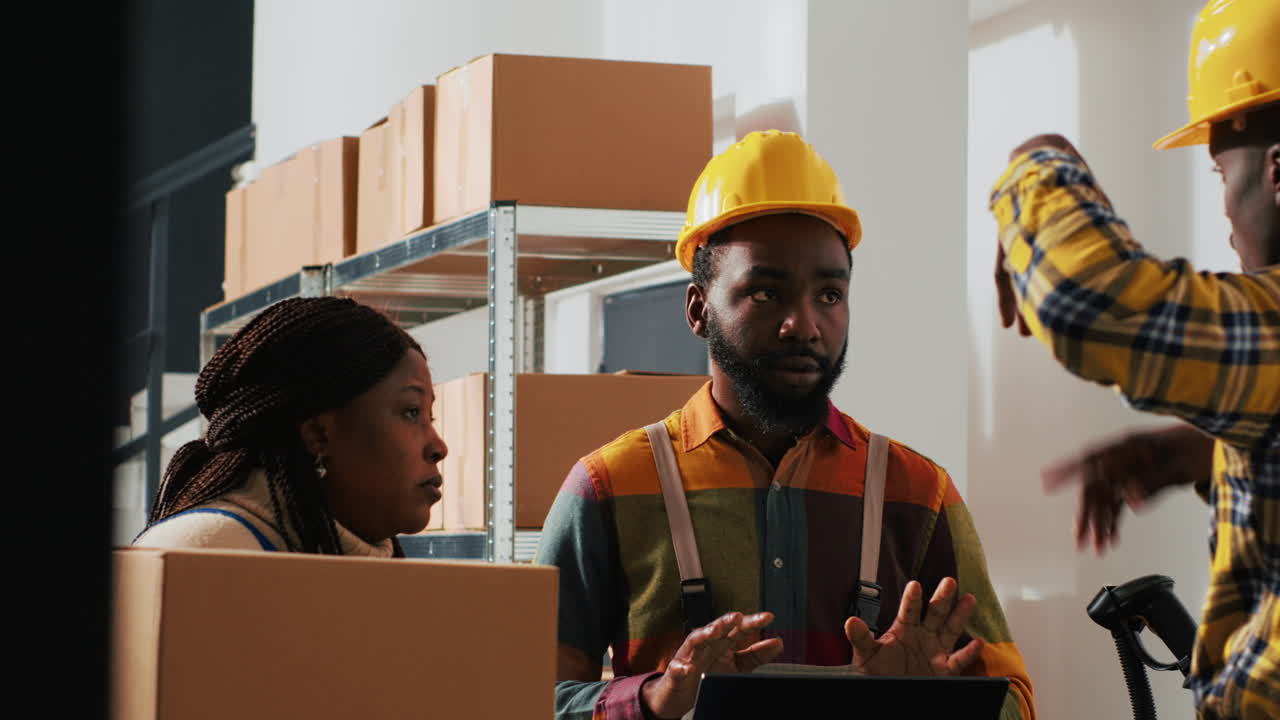 Warehouse employees discussing logistics near boxes
