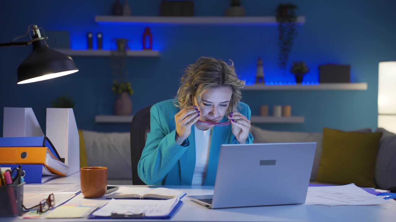 Home office worker woman has visual impairment problem.