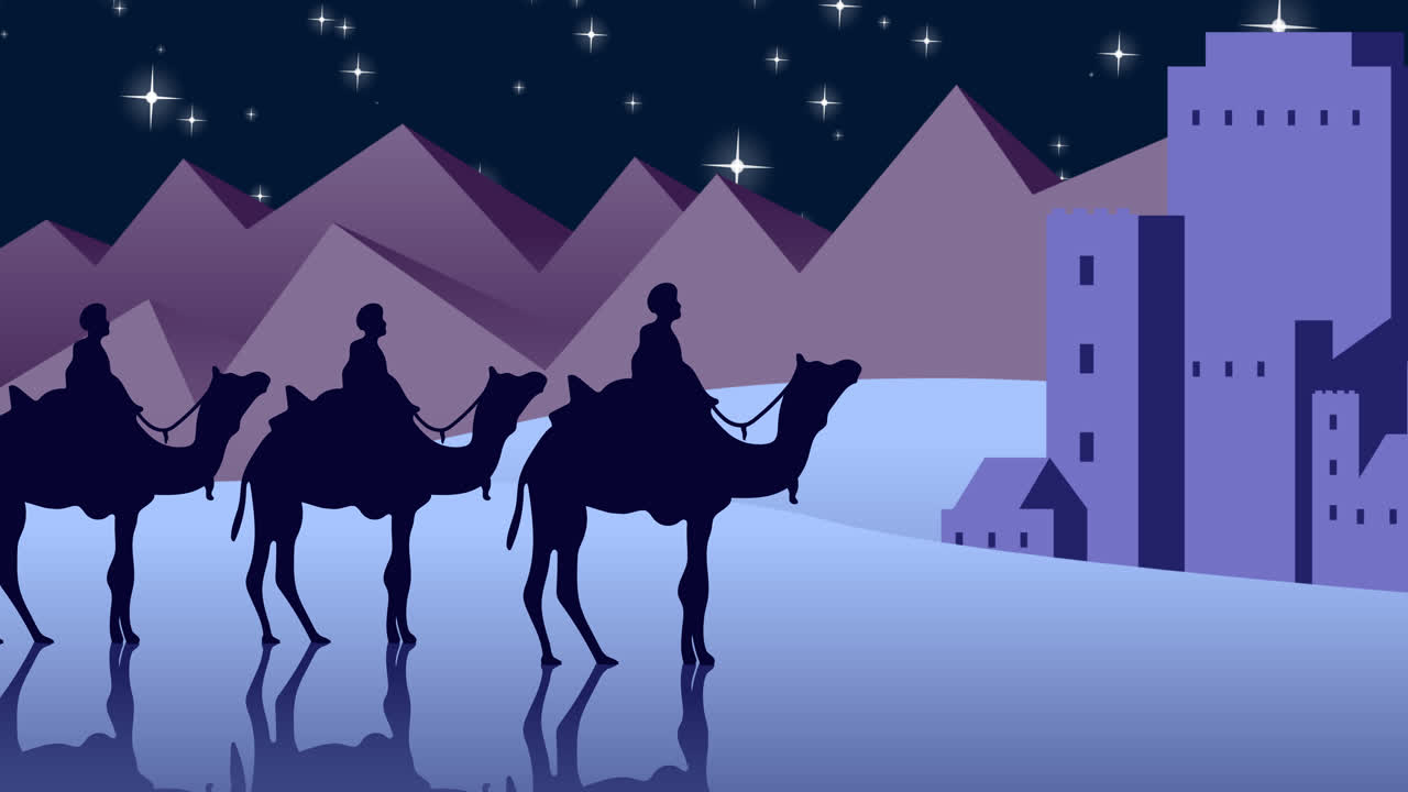 animación de tres reyes en camellos y estrellas en la noche