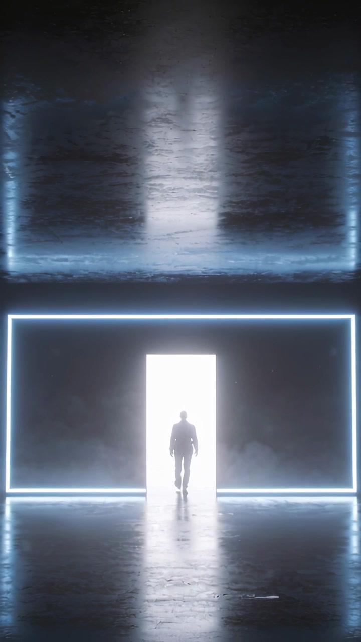 Video vertical: Hombre caminando con chaqueta oscura atraído por un portal de neón en un escenario, entrando en la luz y la niebla.