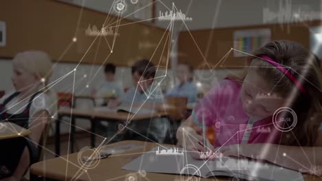 Animation-of-network-of-connections-over-schoolgirl-writing