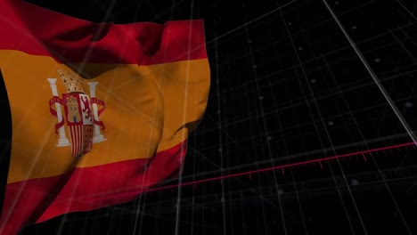 animation of statistical data processing over waving spain flag against blue background