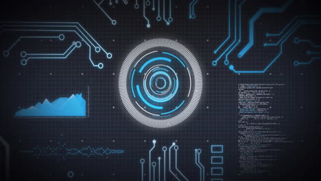 animación de escaneo de alcance y placa de circuito de computadora con procesamiento de datos