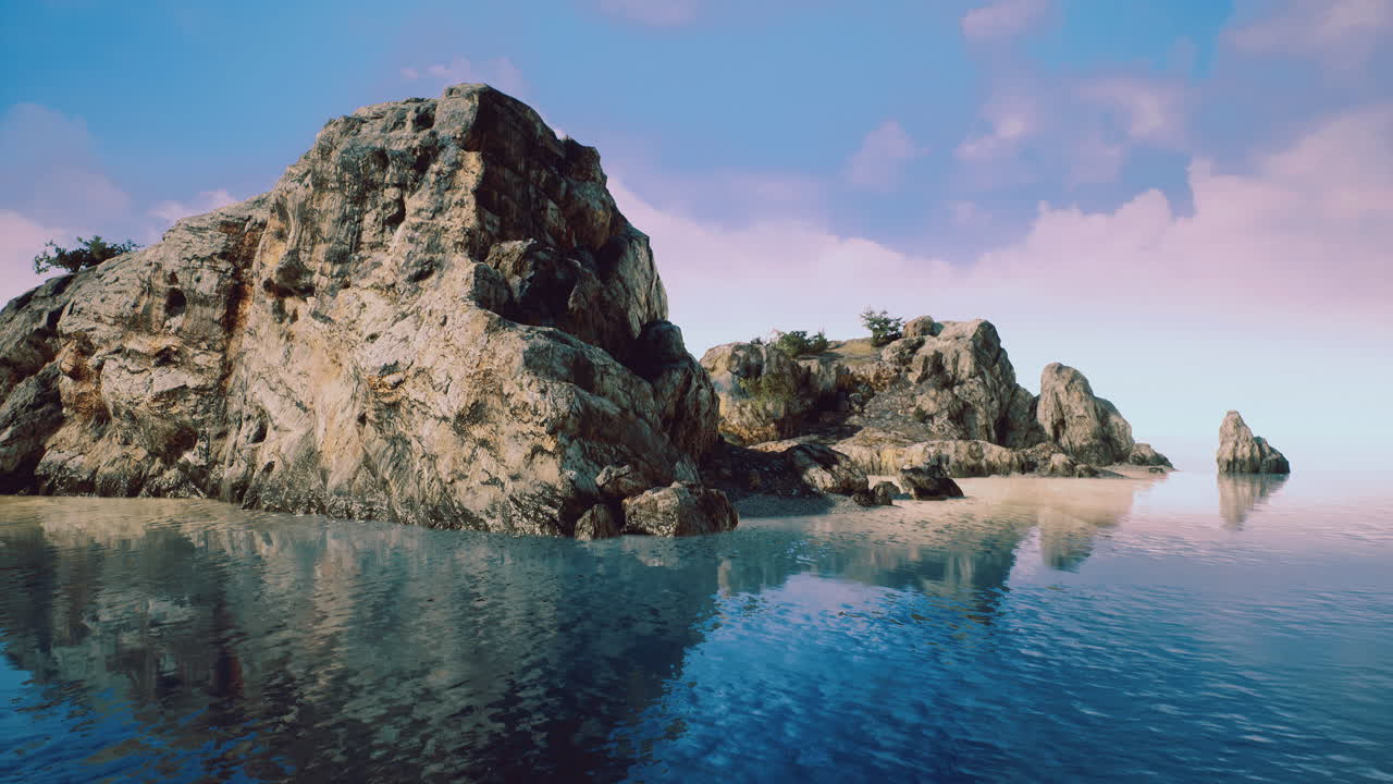 Serene coastal landscape with rocky formations and tranquil waters at dawn