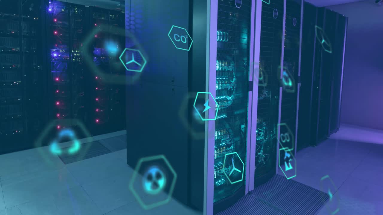 animación del icono en hexágonos sobre los bastidores del servidor de datos en la sala del servidor