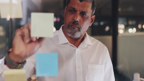 ceo, sticky note or senior manager writing