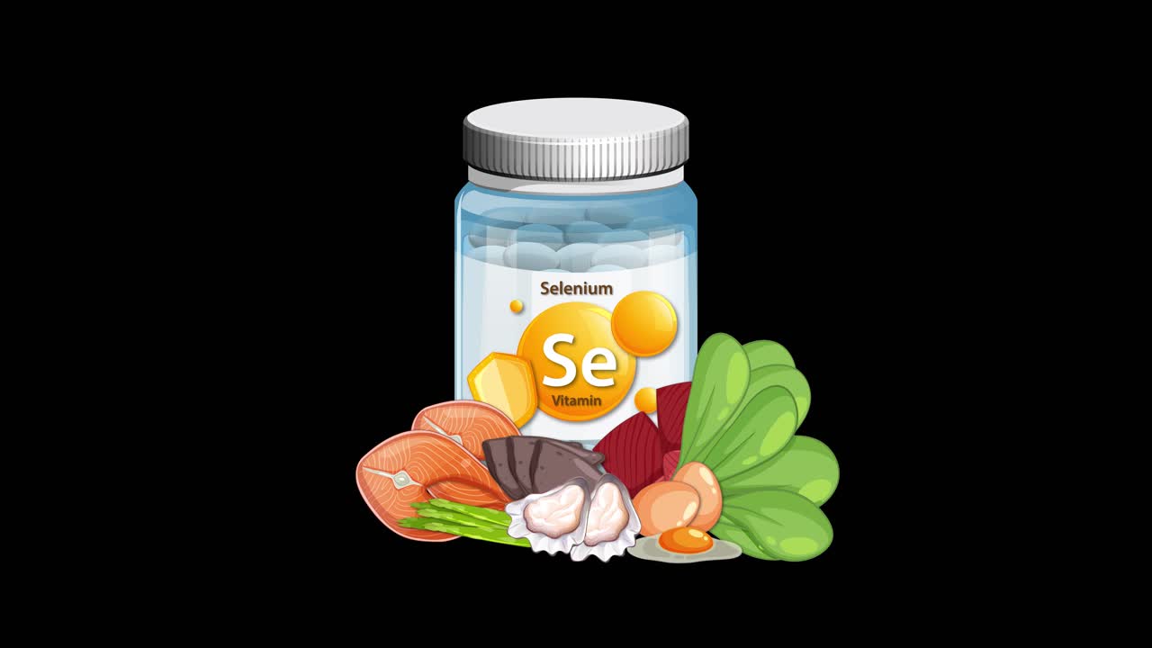 Selenium supplement bottle appears with assorted healthy foods, smooth transitions, black background, digital animation