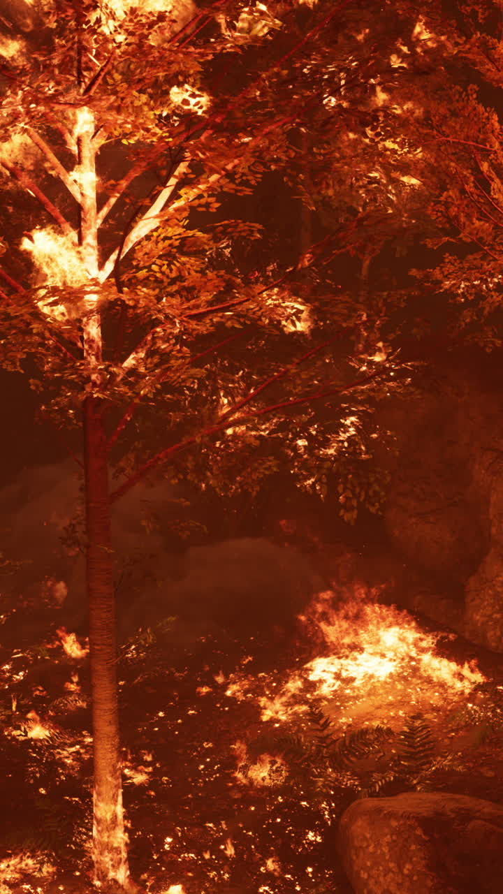 밤에 산불의 큰 불꽃