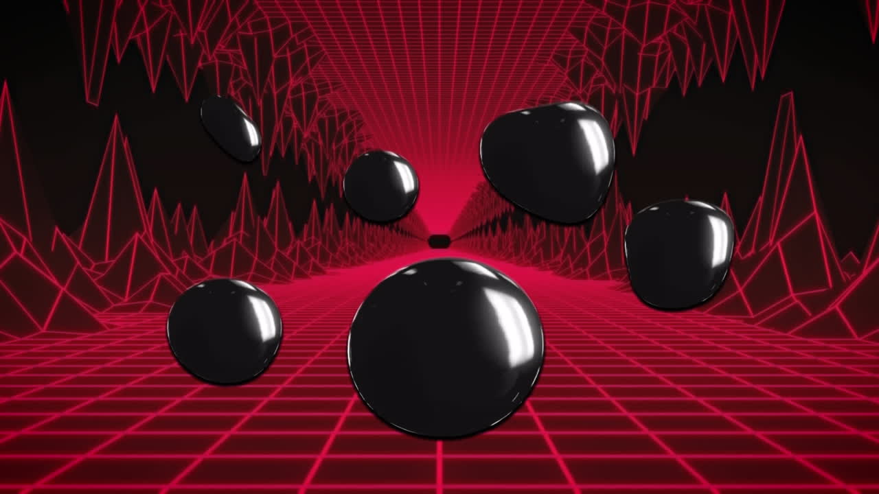 반 ⁇ 이는 검은색 모양의 애니메이션이 검은색 배경에 움직이는 반 ⁇ 이는 빨간색 그리드 풍경 위로 움직입니다.