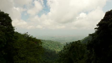 drone flying over lush mountains forest with valley in background on foggy day, bali in indonesia