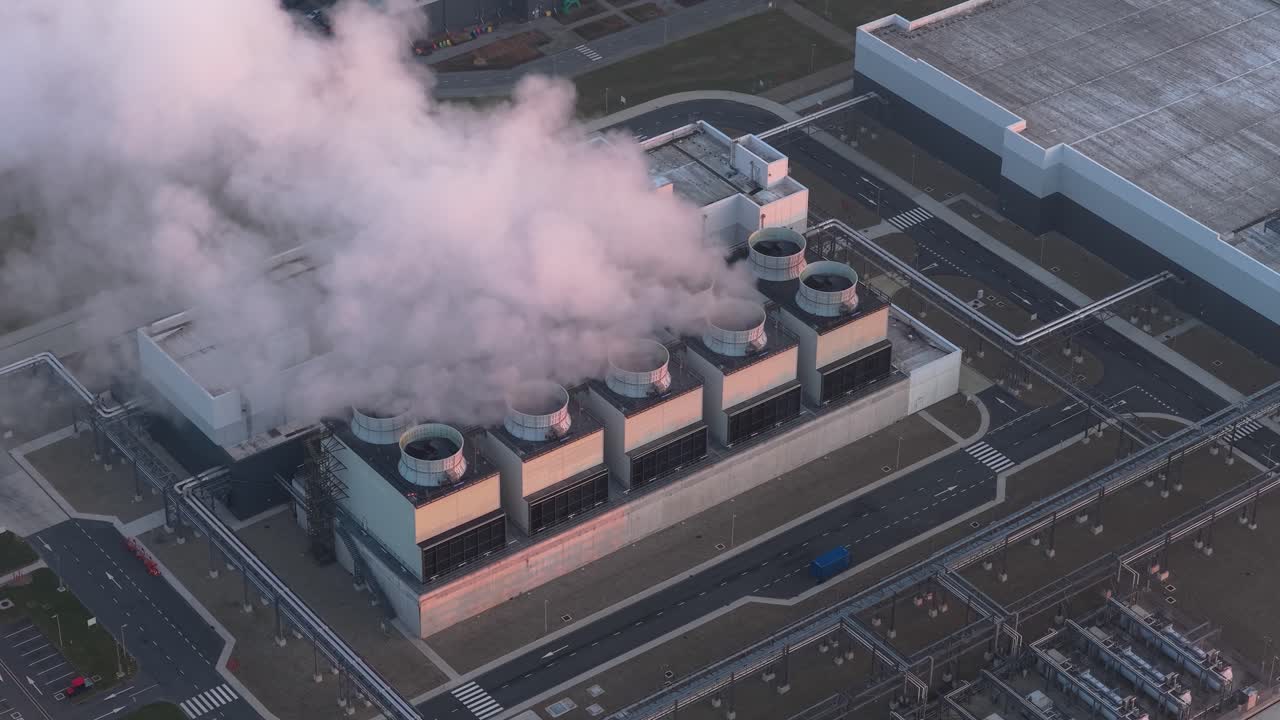 Sistema di raffreddamento di un data center cloud che rilascia vapore al tramonto.