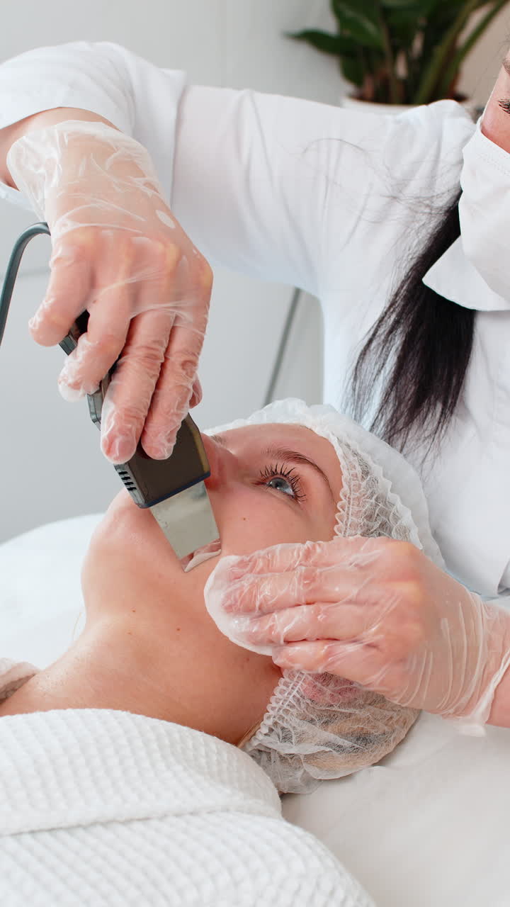 Pulizia viso a ultrasuoni con dispositivo scrubber per un trattamento estetico su una donna di mezza età in una clinica