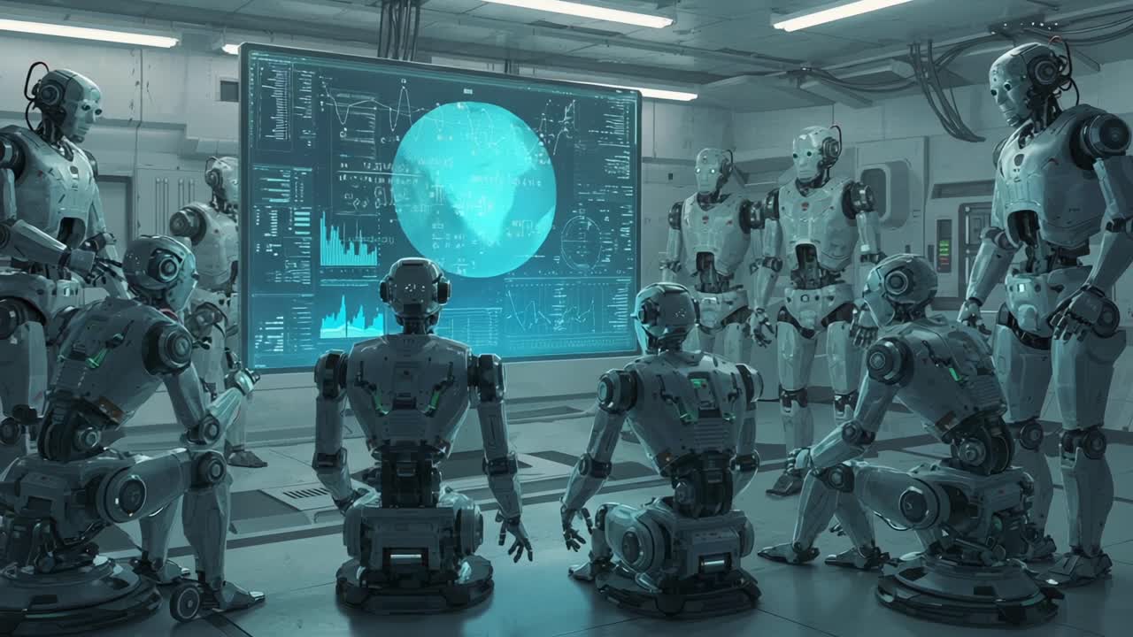 A Group of Advanced Robots Engaged in Data Analysis and Collaboration in a Futuristic Laboratory Setting with High-Tech Displays and Interactive Graphics
