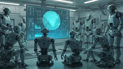 a group of advanced robots engaged in data analysis and collaboration in a futuristic laboratory setting with high-tech displays and interactive graphics