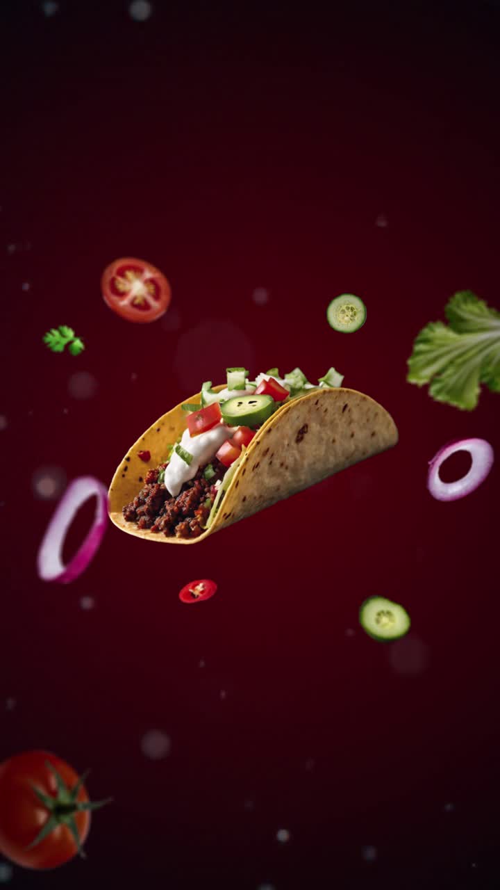 Tacos di manzo con yogurt greco su sfondo rosso. Intro animata per la pubblicità o il marketing di ristoranti con gli ingredienti del piatto che volano in aria - video verticale per cartellino del prezzo o vendita