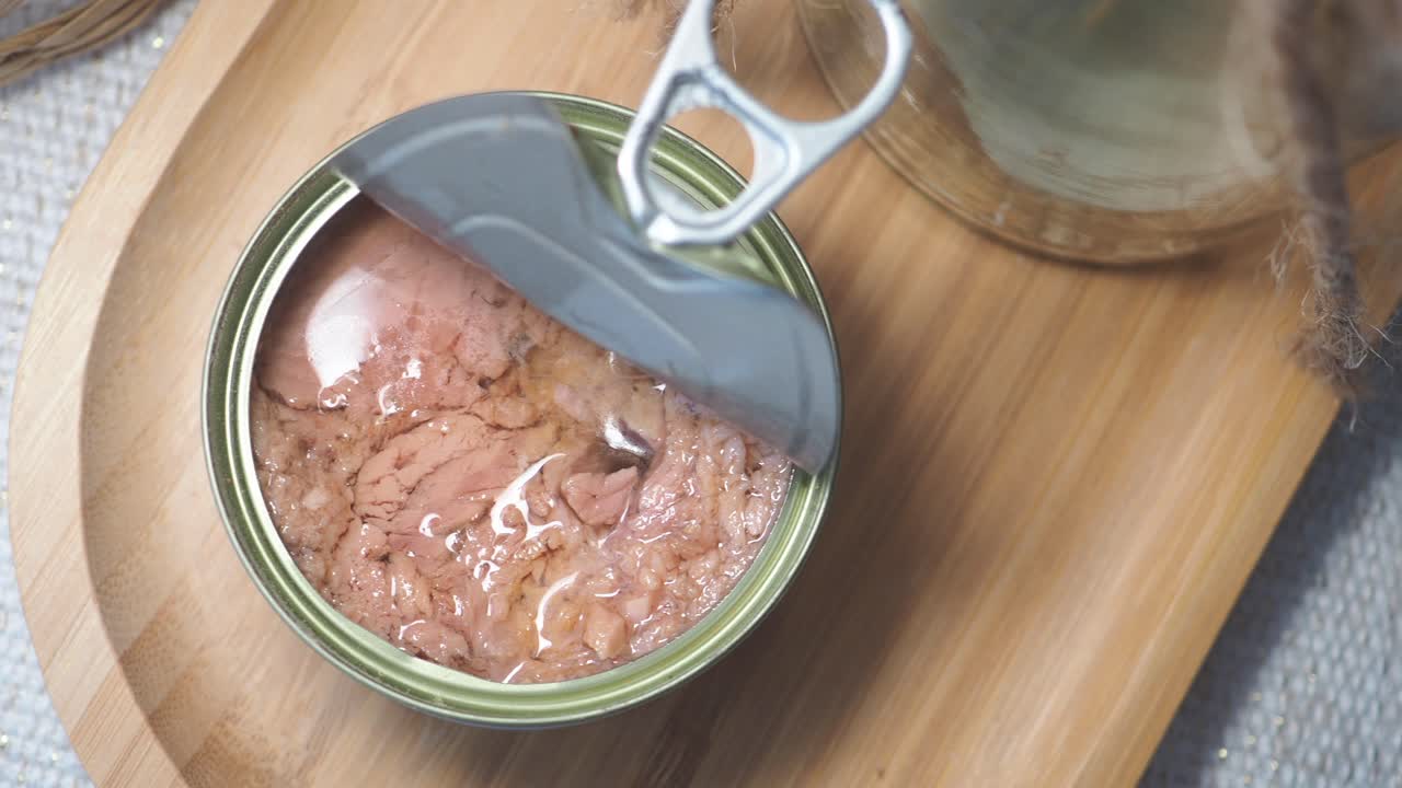 Canned Tuna on a Wooden Tray