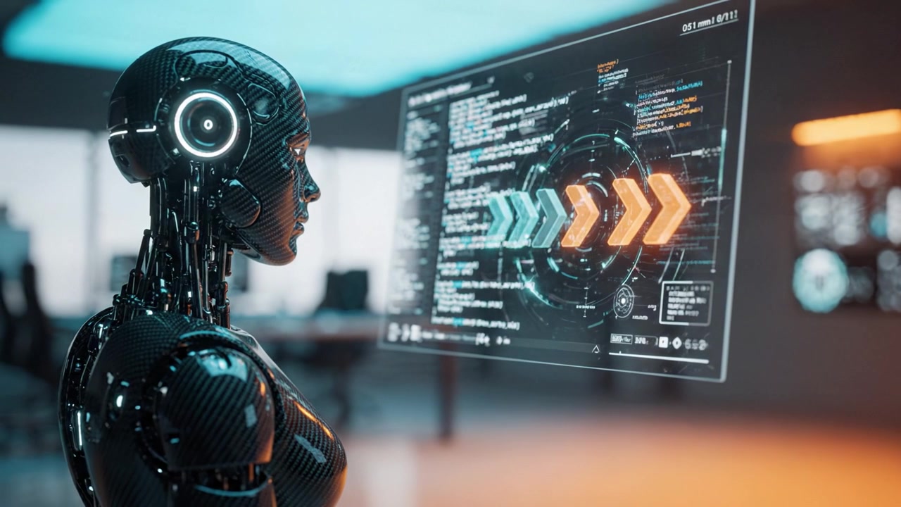 A futuristic robot interfaces with an advanced digital display, showcasing complex code and holographic elements, in a sleek, high-tech environment