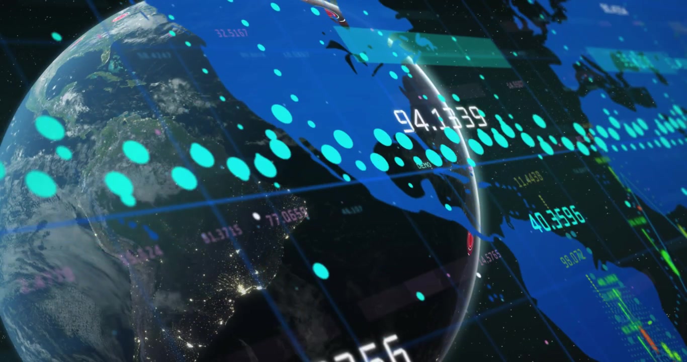 Animation of world map and data processing over globe