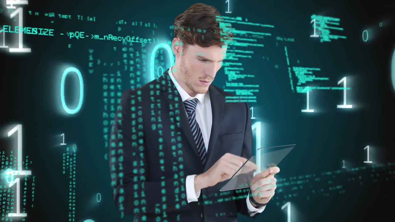 анимация кавказского мужчины с помощью 3d интерактивного планшета над плавающими числами и обработкой данных