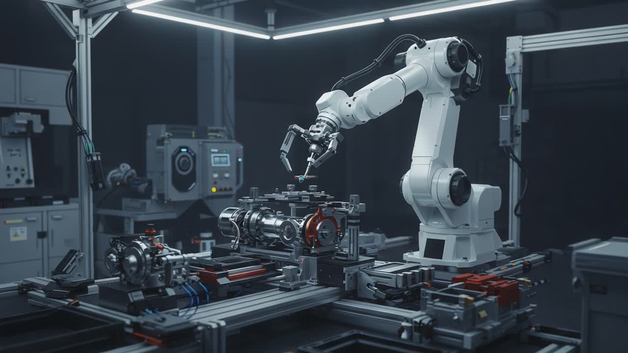 Advanced Robotic Arm Engaged in Precision Assembly of Complex Mechanical Components in a High-Tech Manufacturing Environment with Futuristic Machinery