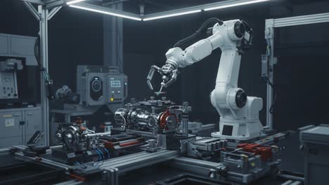 advanced robotic arm engaged in precision assembly of complex mechanical components in a high-tech manufacturing environment with futuristic machinery