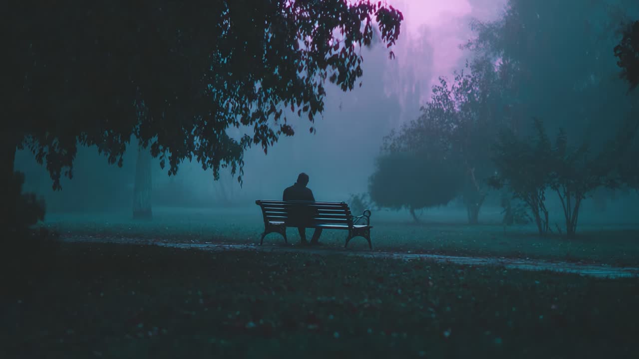 A Solitary Figure Contemplates Life on a Park Bench Amidst the Mysterious Haze of Fog and Twilight in a Serene Natural Setting