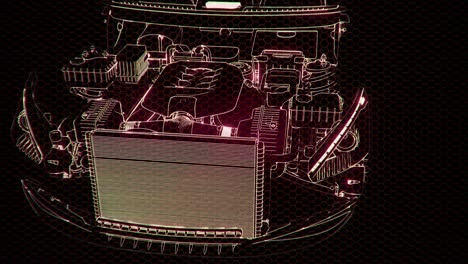 Holographic-animation-of-3D-wireframe-car-model-with-engine