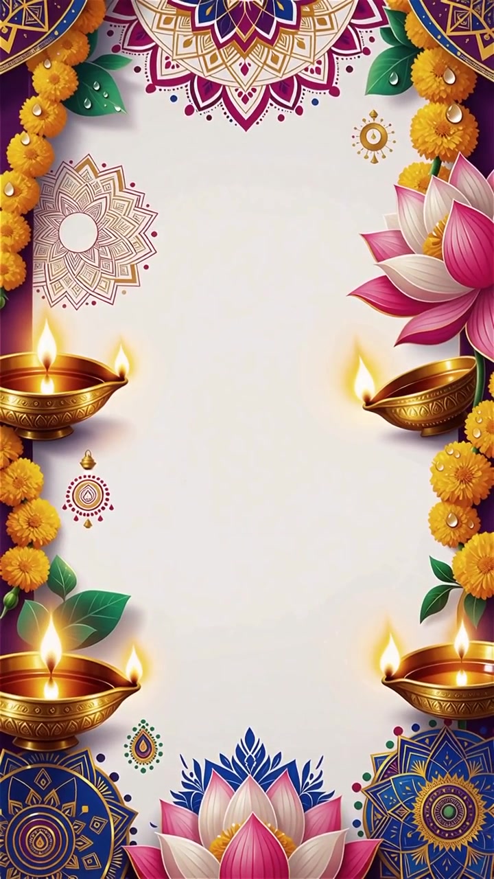 Sfondo Diwali con Diyas luminosi, Rangoli e fiori di loto
