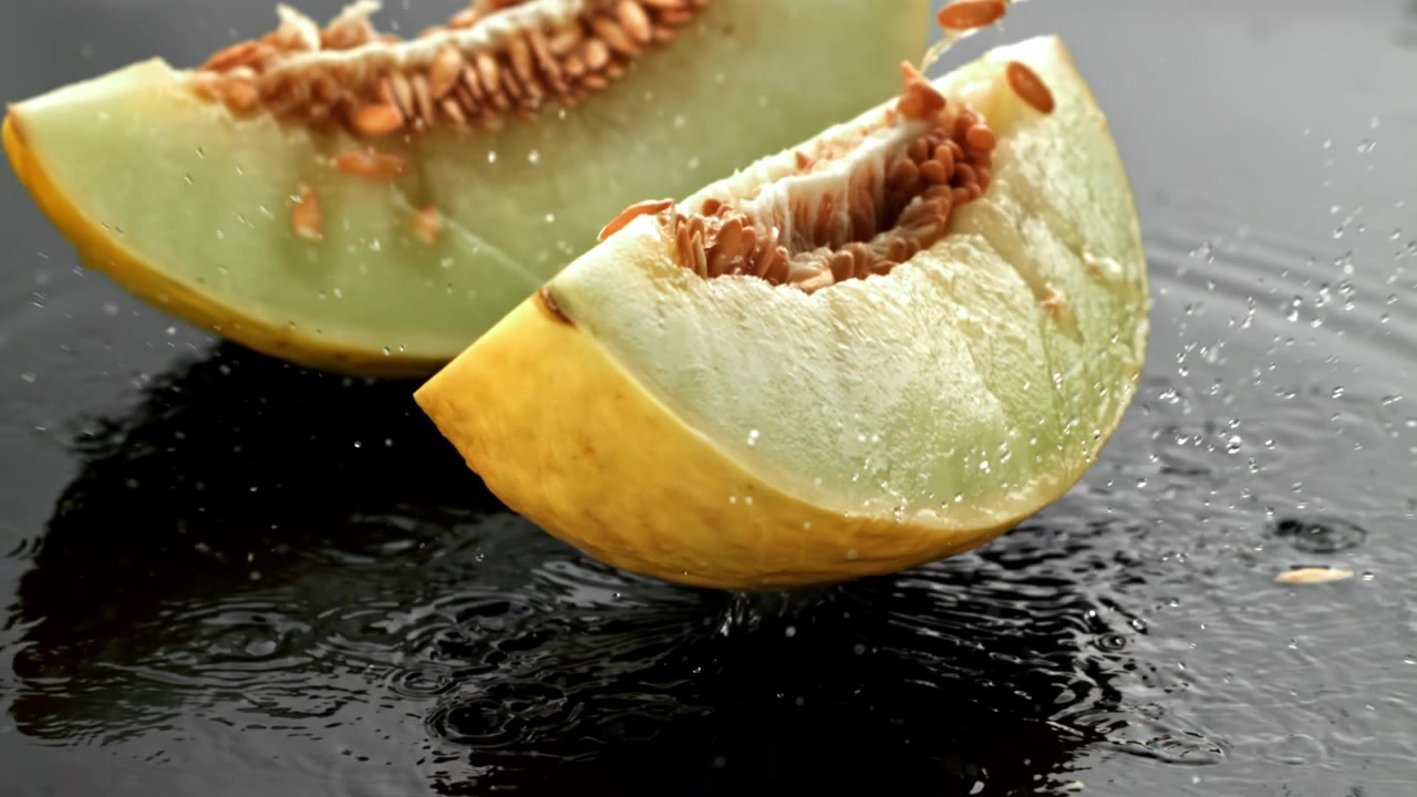 Slow Motion Water Splashing on Fresh Melon Slices