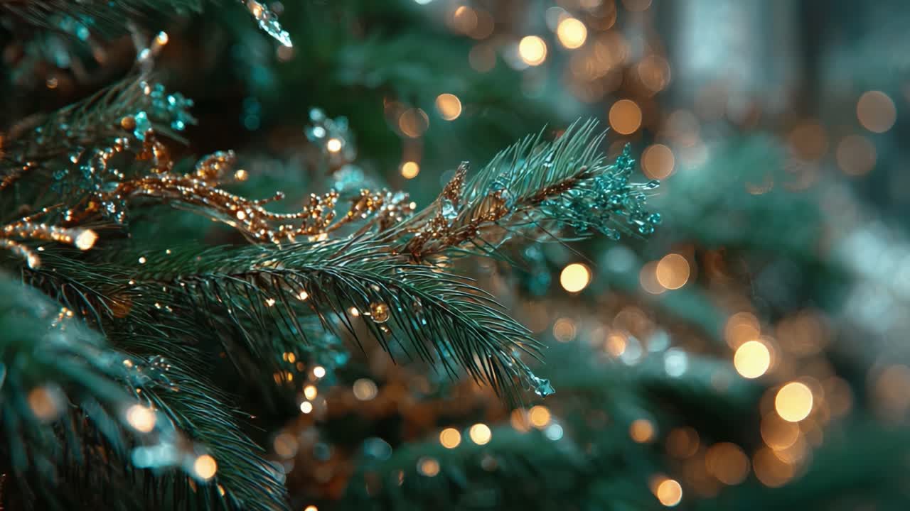 A Glimmering Close-Up of a Decorated Christmas Tree: Captivating Details of Pine Branches Adorned with Sparkling Ornaments and Soft Bokeh Lights