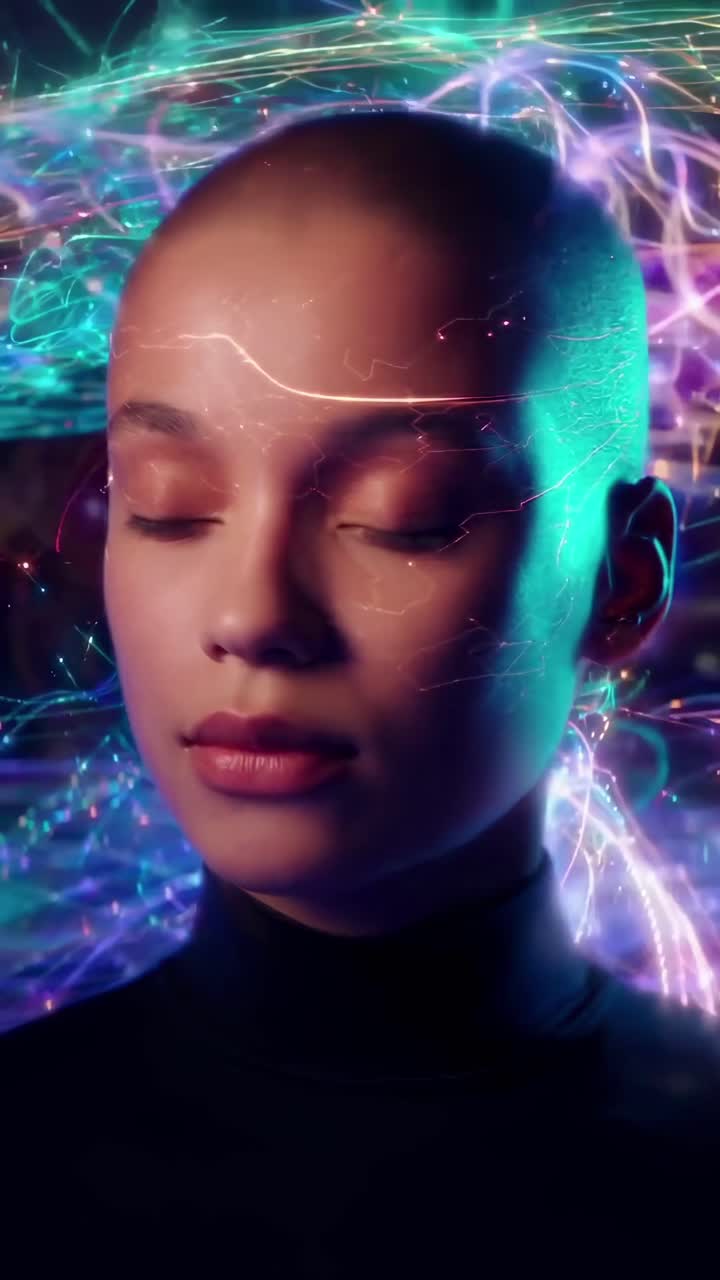 Close-up video of a serene face with vibrant, digital neural network effects surrounding