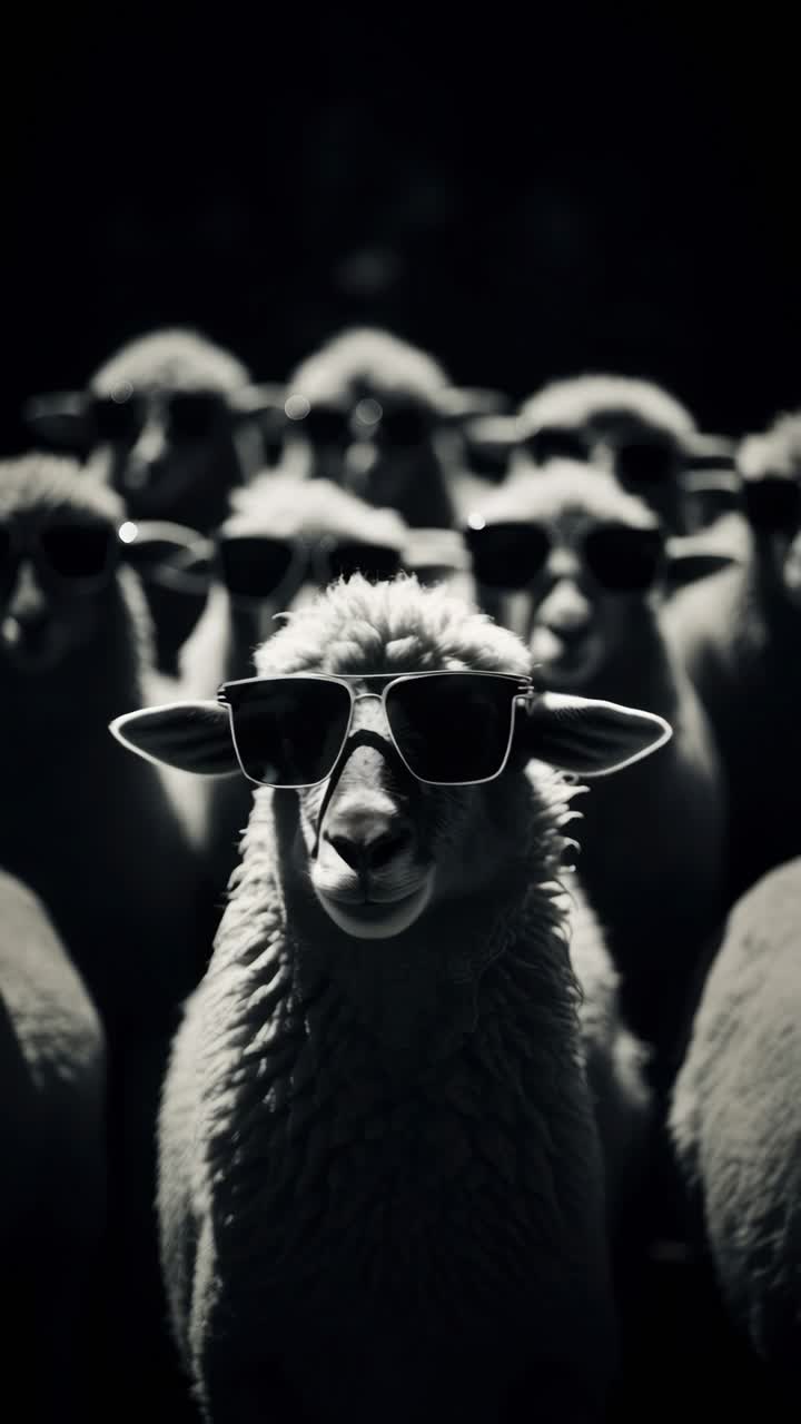 A black-and-white video still of sheep wearing sunglasses, shot from a low angle