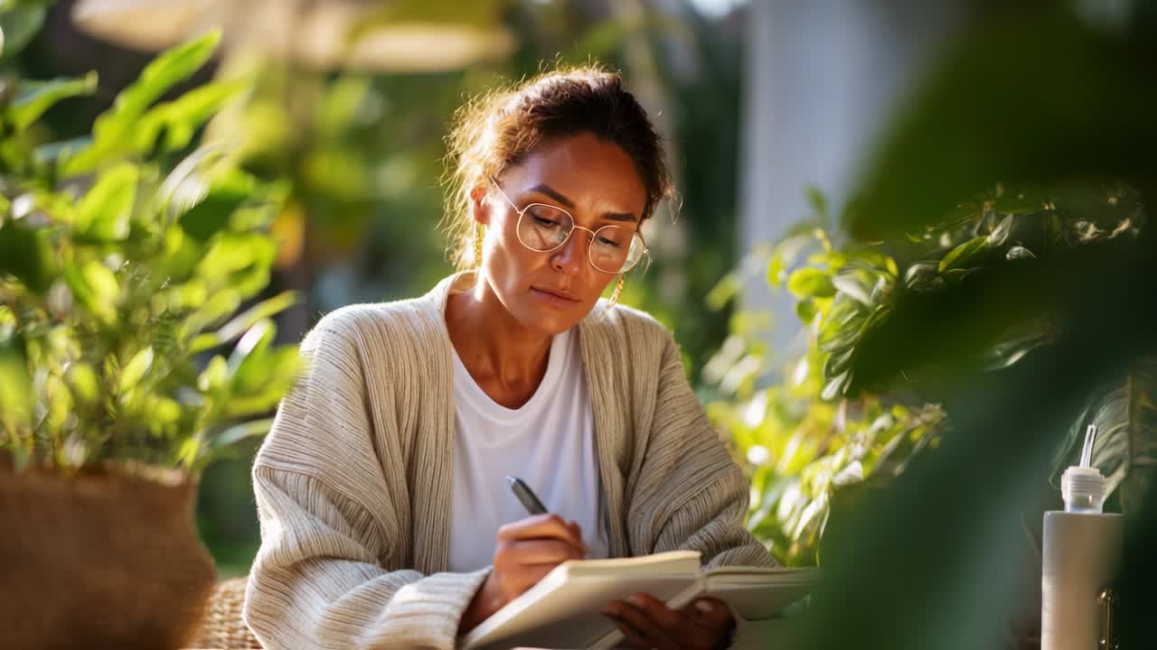 En kvinde i hyggelige omgivelser, fordybet i eftertænksom skrivning omgivet af frodigt grønt, der fremhæver skønheden i kreativitet og inspiration i en rolig atmosfære