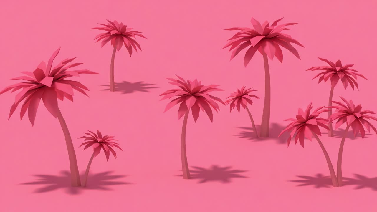 A Vibrant Display of Stylized Pink Palm Trees Surrounded by a Bold Fuchsia Background, Showcasing Unique Geometric Shapes and Shadows