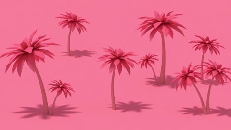 a vibrant display of stylized pink palm trees surrounded by a bold fuchsia background, showcasing unique geometric shapes and shadows