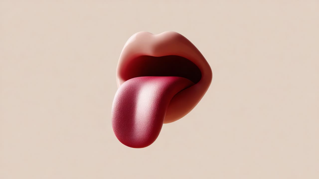 A mesmerizing close-up of a stylized mouth with a protruding tongue, showcasing smooth textures and vivid colors against a minimalist background, capturing a playful and expressive moment