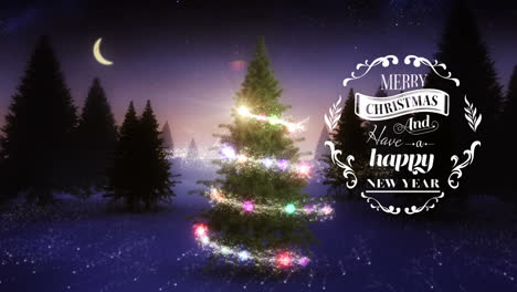 Animation-of-christmas-greetings-over-winter-landscape-background-with-christmas-tree