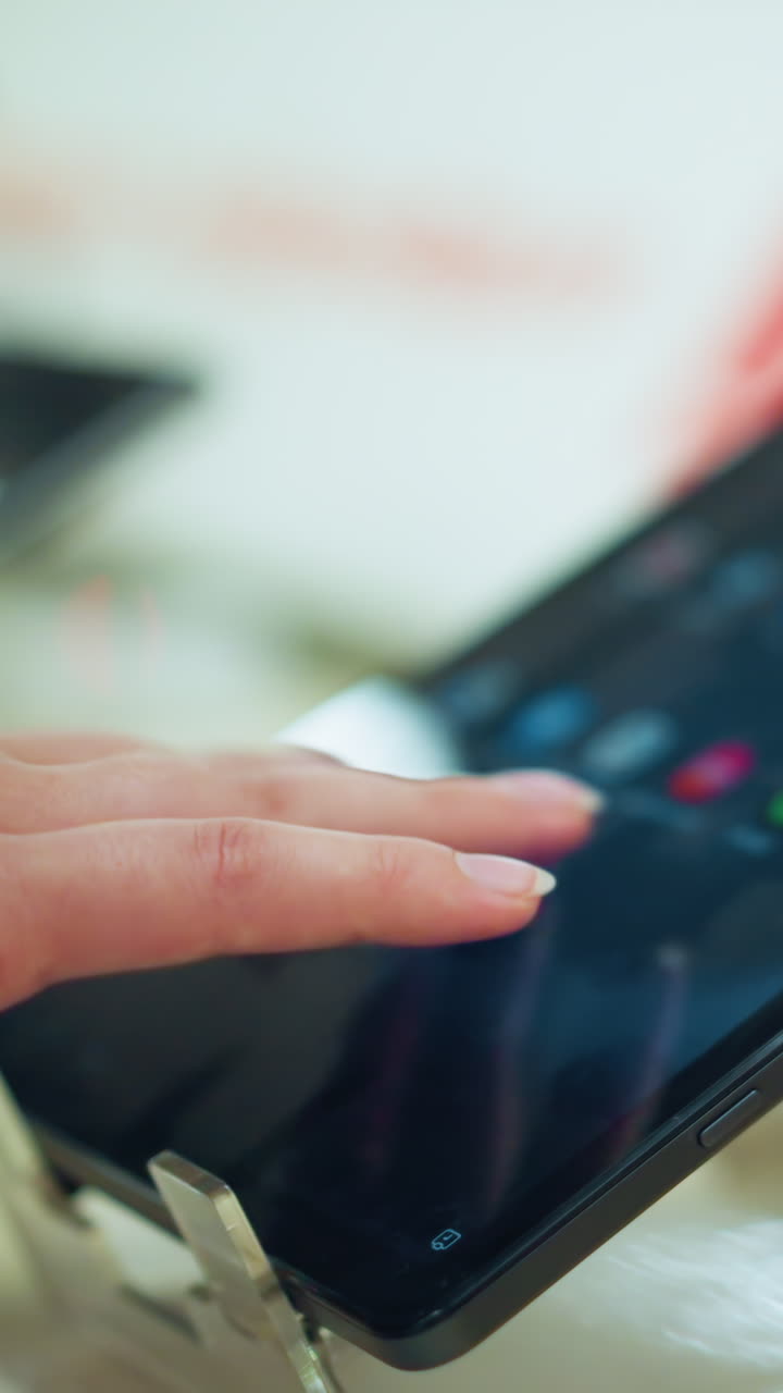 mano en vestido rosa interactuando con una tableta en exhibición en un puesto en una tienda brillante, usando la pantalla para operar el dispositivo, tableta posicionada en un soporte elegante con movimiento borroso en el fondo