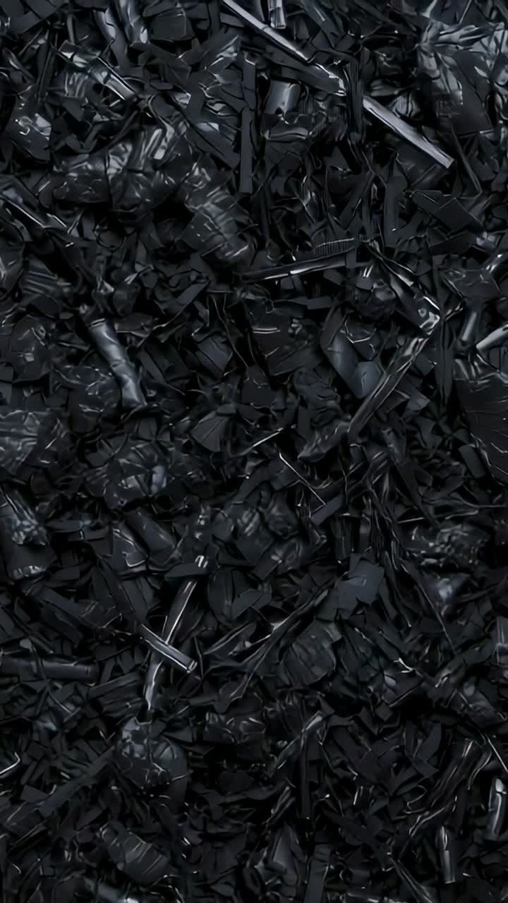 Video verticale: obiettivo panoramico che rivela un denso cumulo di plastica nera riciclata e sminuzzata, che mostra la texture