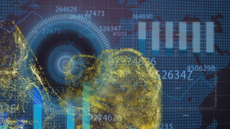 Animación-De-Estelas-De-Luz-Y-Procesamiento-De-Datos-Sobre-El-Mapa-Mundial-Sobre-Fondo-Oscuro