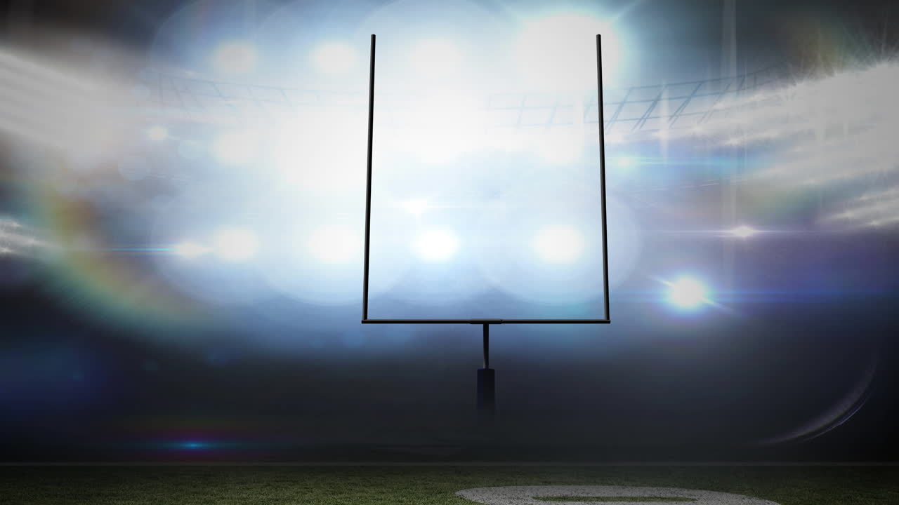 Animation of american football goalposts and cloudy sky at floodlit stadium