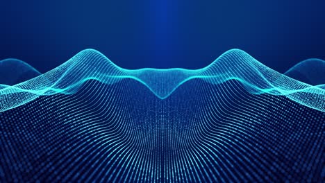 sci-fi abstract theme with particle mirror waves. 4k looped abstract blue background of glow particles form curved lines, surfaces simmetrical structures. digital bg with particle hologram.