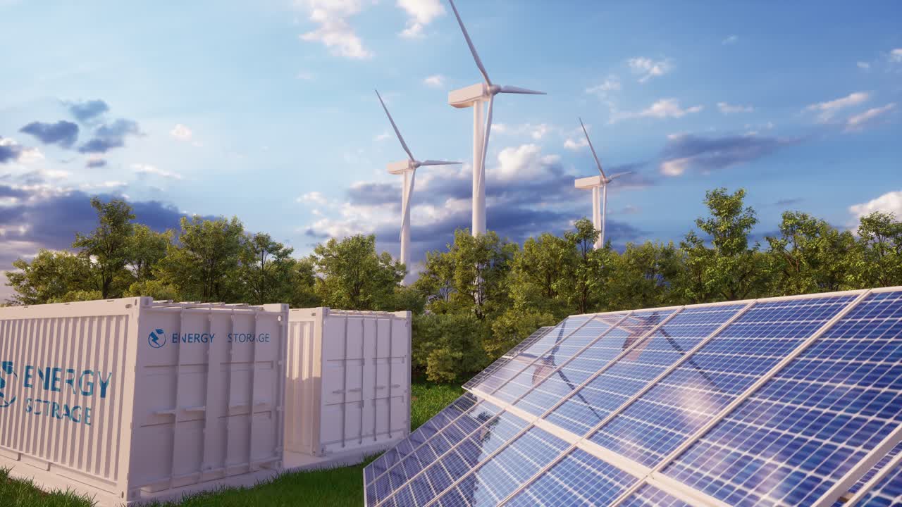 Battery Storage Power Station Accompanied By Solar And Wind Turbine Power Plants. New Energy Concept