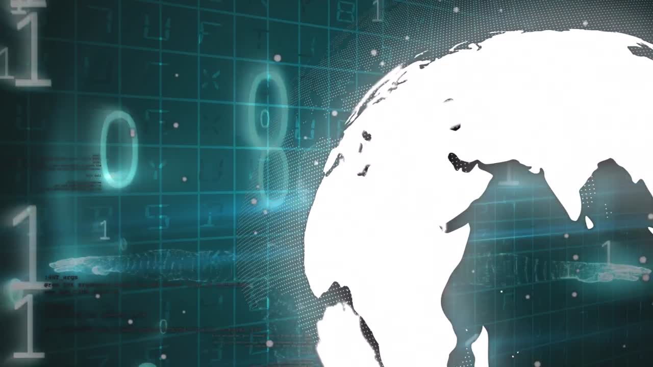 Animation of binary code over globe in green digital space