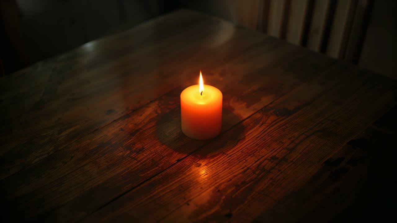 Flickering pillar candle flame responding to breeze on table in dim room, creating cozy atmosphere
