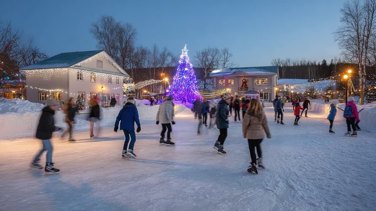 A Vibrant Ice Skating Scene Surrounded by Twinkling Holiday Lights and a Stunning Christmas Tree at Dusk, Creating Festive Joy and Winter Magic