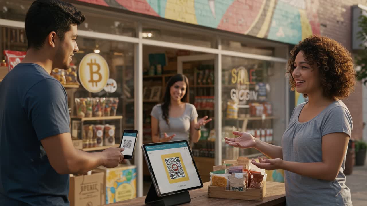 People using mobile payment with QR codes and Bitcoin at an outdoor store